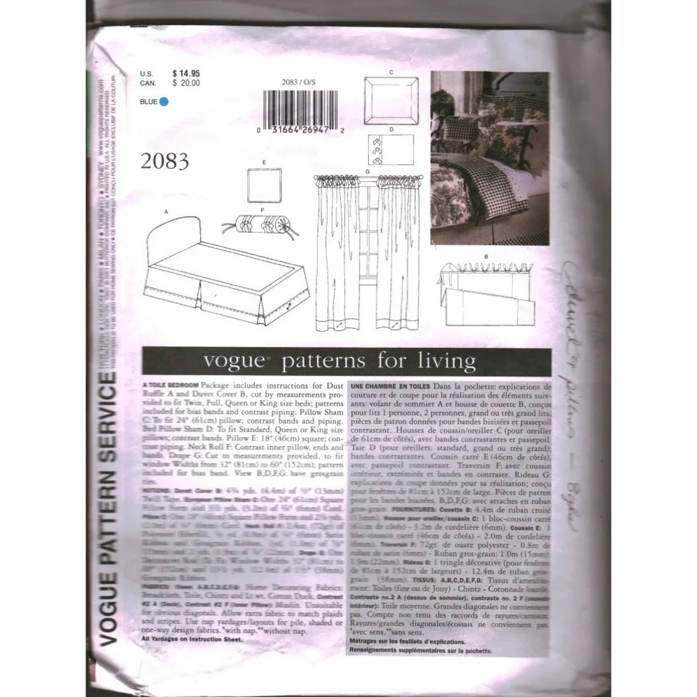 Vogue 2083 Waverly Toile Bedroom Sewing Pattern Duvet Sham Dust Ruffle Drapes OS